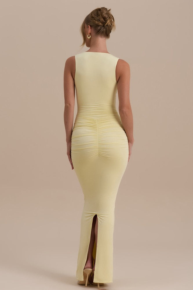Sleeveless V Neck Ruched Back Slit Bodycon Party Dress