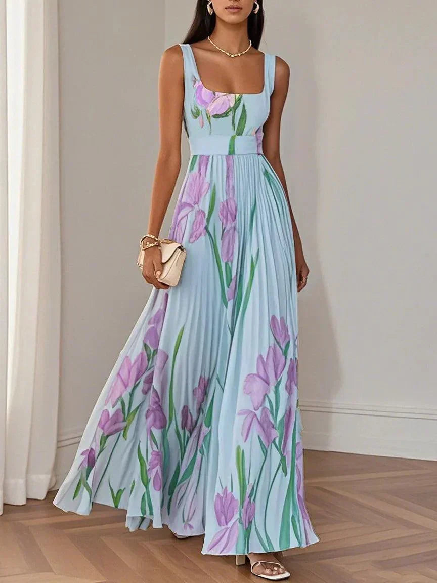 Square Neck Floral Print Sleeveless Pleated A-Line Maxi Dress