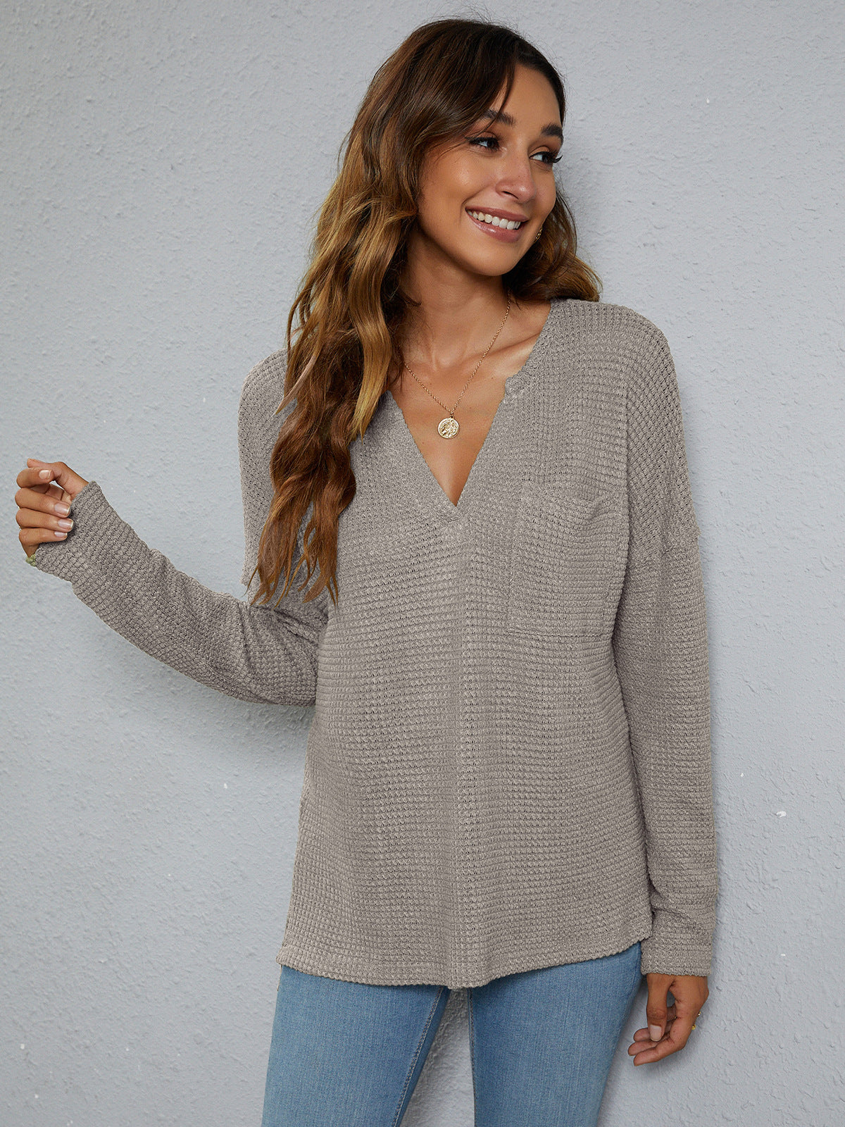 High-Low with Top Dropped Waffle-Knit Shoulder