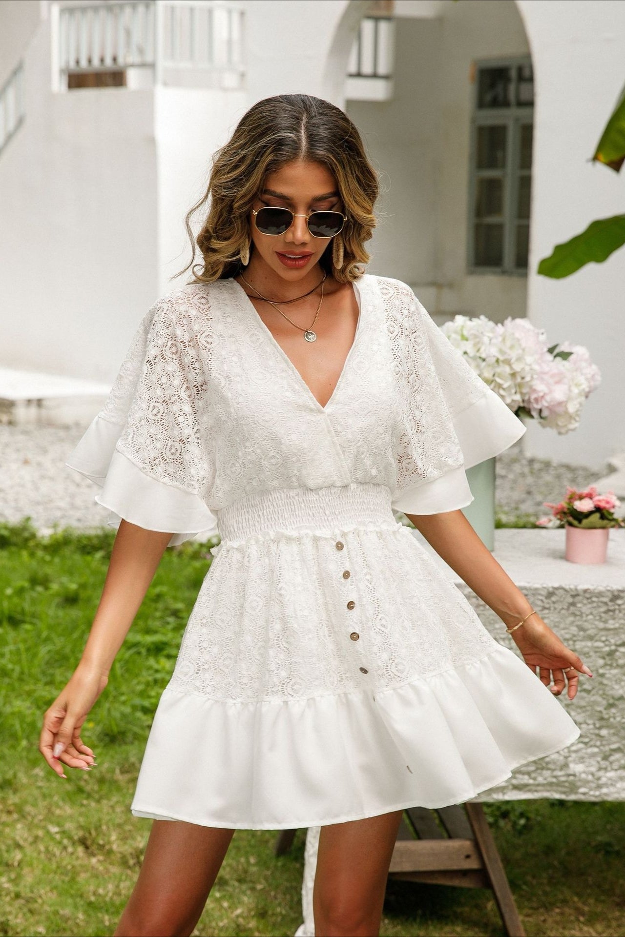 Deep V Neck Smocked Waist Lace Flutter Sleeve Button Front Tiered Mini Dress