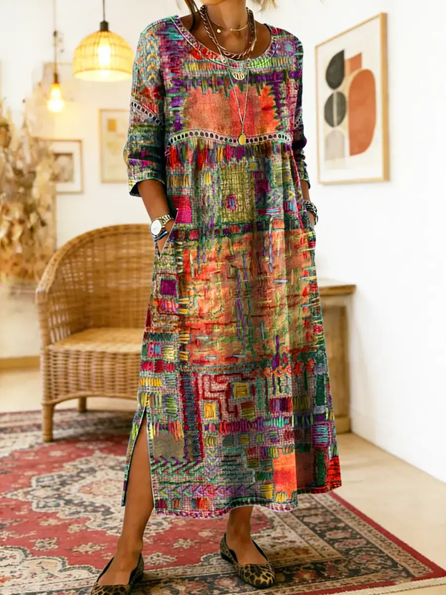 Round Neck Embroidered Patchwork Long Sleeve Side Slit Maxi Dress 8