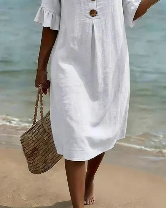 White Notch Neck Button Ruffle Sleeve Pleated Linen Shift Midi Dress 4