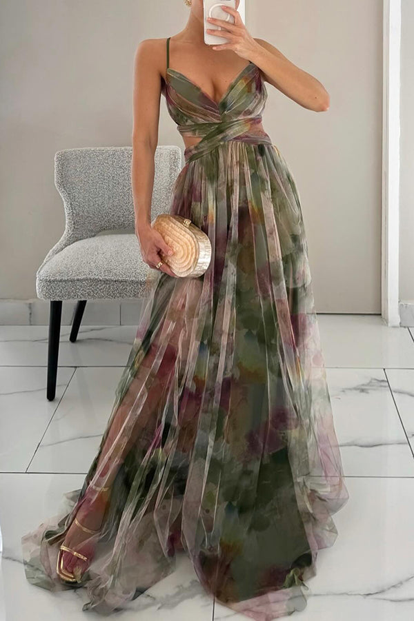 Spaghetti Strap V-Neck Floral Tulle Ruched Waist A-Line Maxi Dress