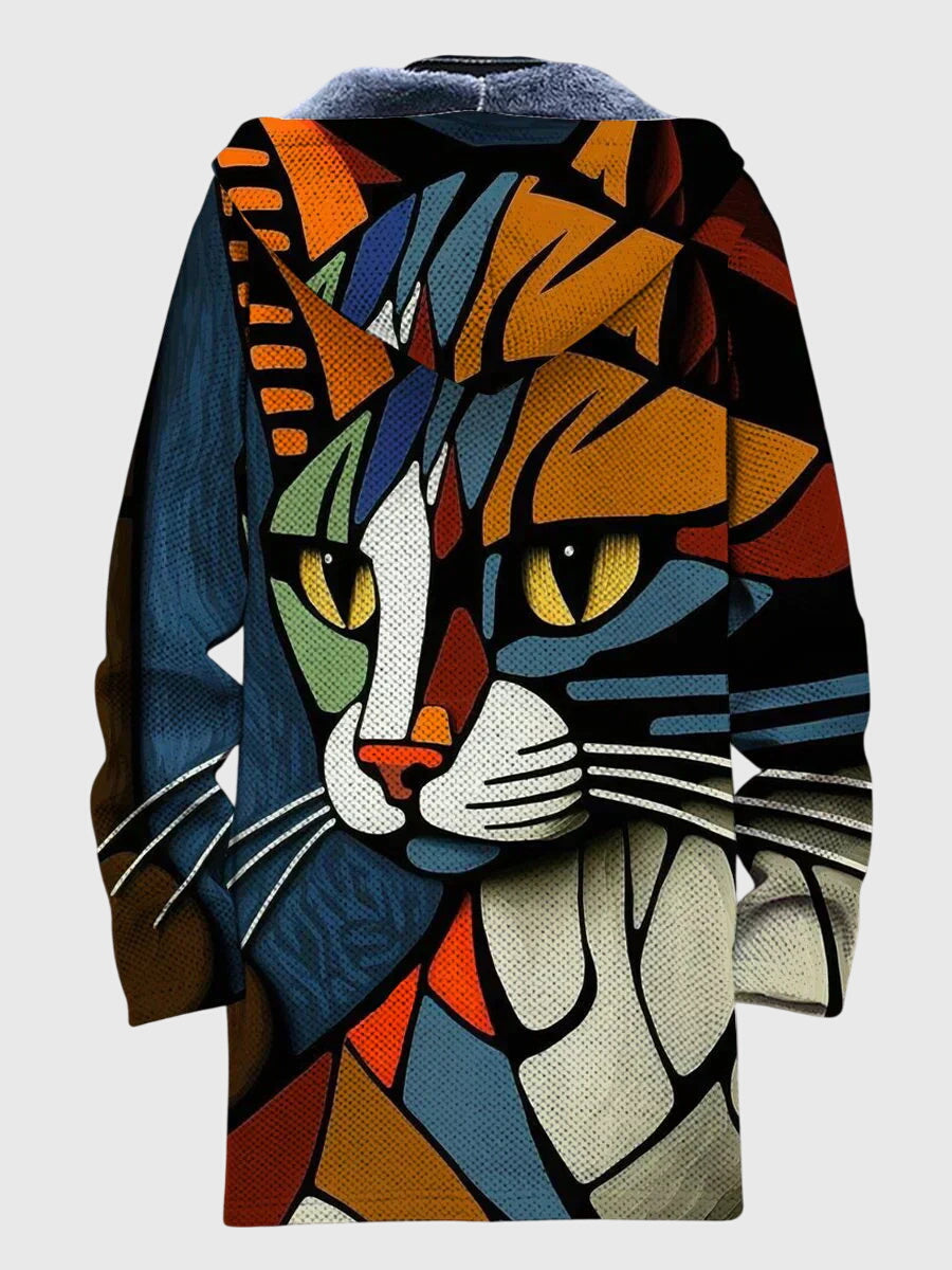 Hooded Abstract Cat Print Zip Front Fleece Jacket