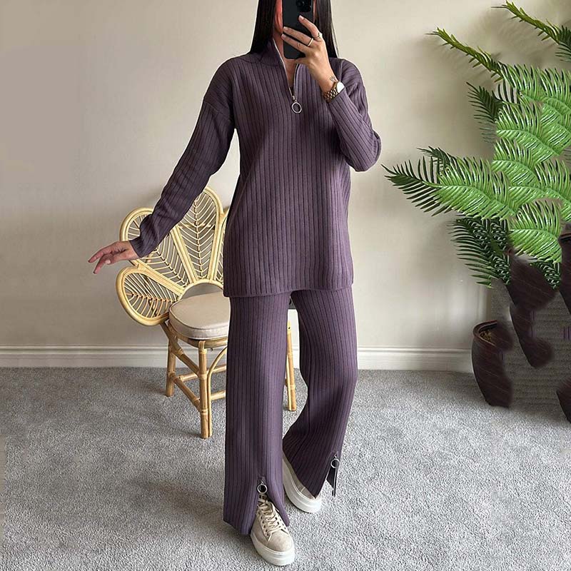 Cozy Ribbed Knit with Slit-Leg Pants(Two-Piece Set)