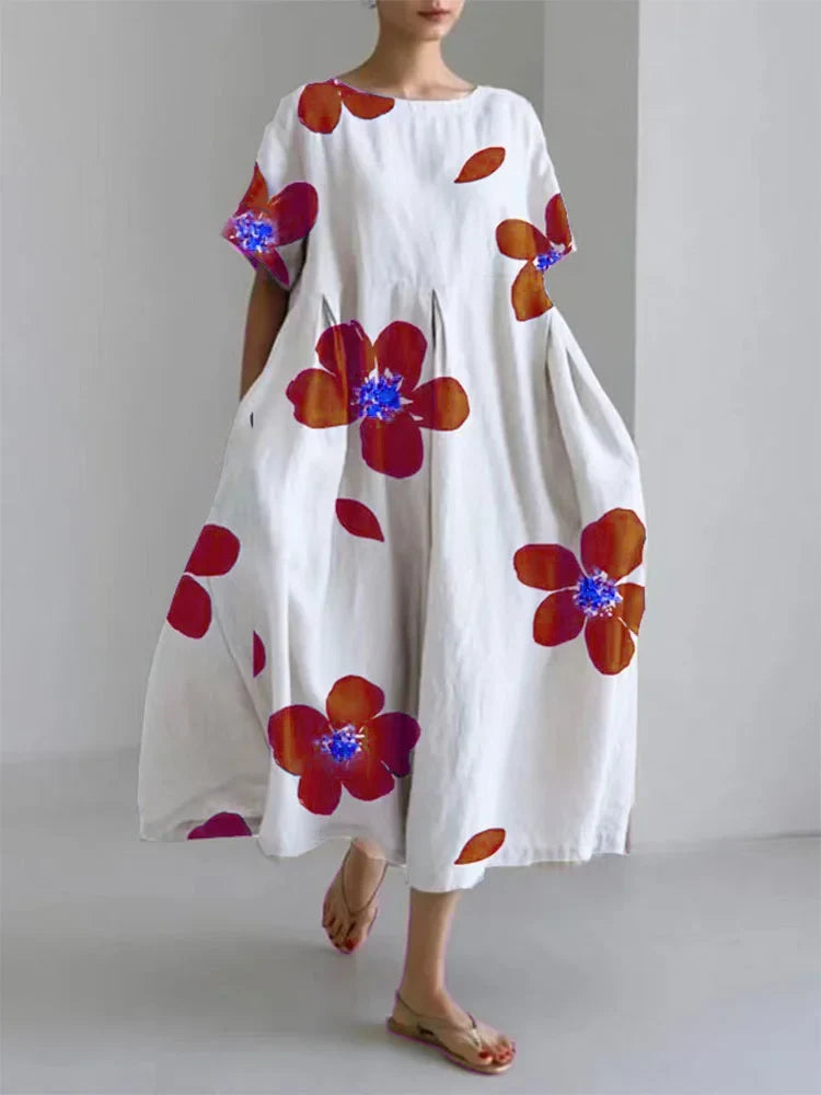 Round Neck Floral Short Sleeve Cocoon Midi Dress 2