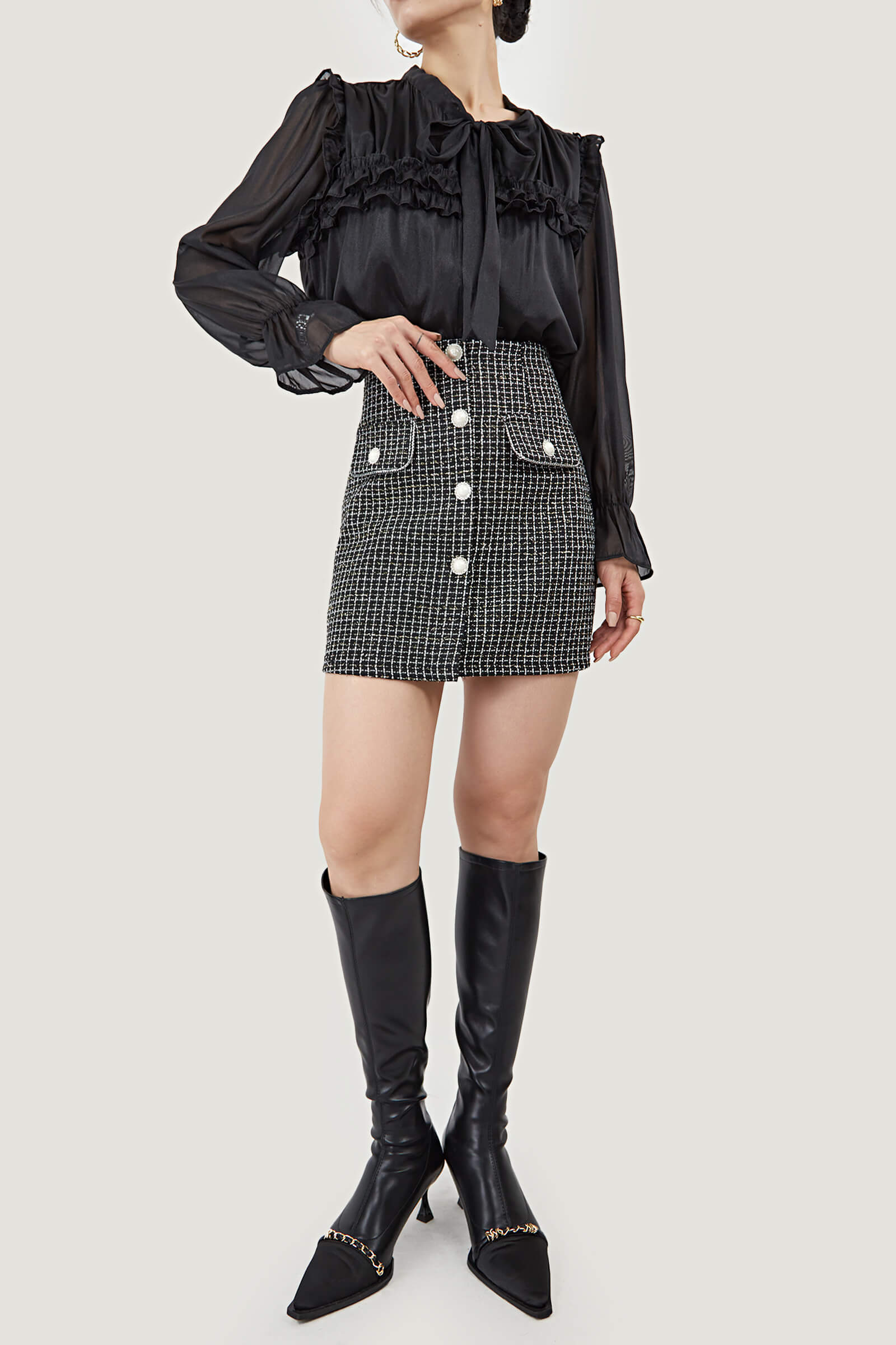 Tie-Neck Ruffle Pleated Blouse
