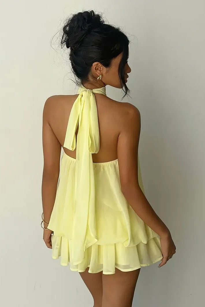 Backless Halter Tie Waist Ruffled Bodycon Mini Dress 2