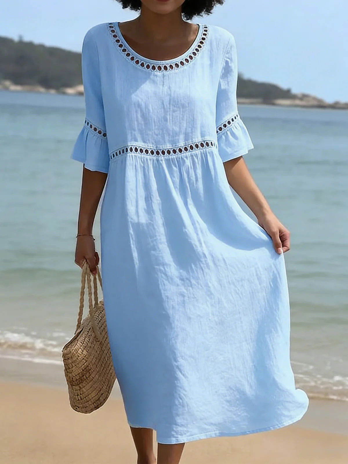 Round Neck Crochet Lace Trim Bell Sleeve Empire Waist Midi Dress 13