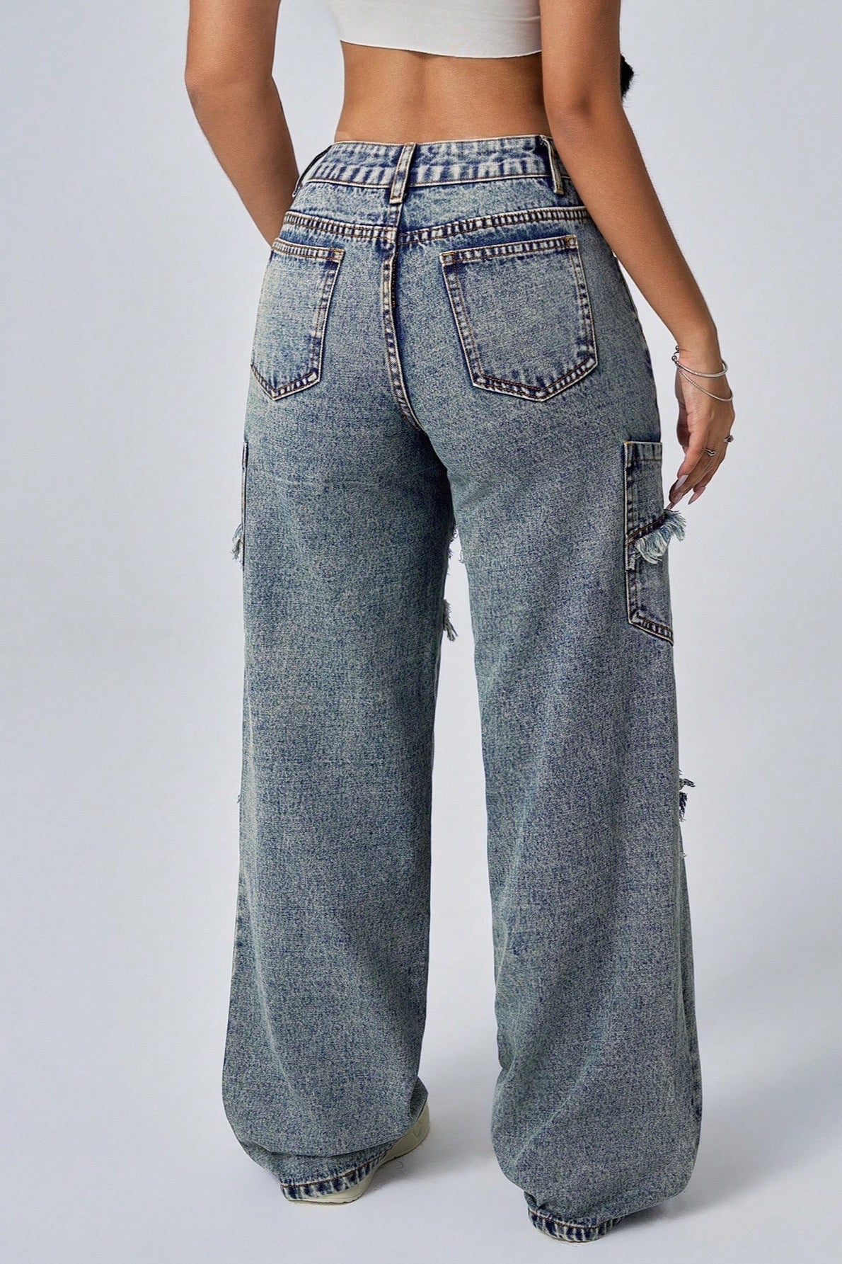Wide Leg Raw Hem Patchwork Loose Fashion Jeans