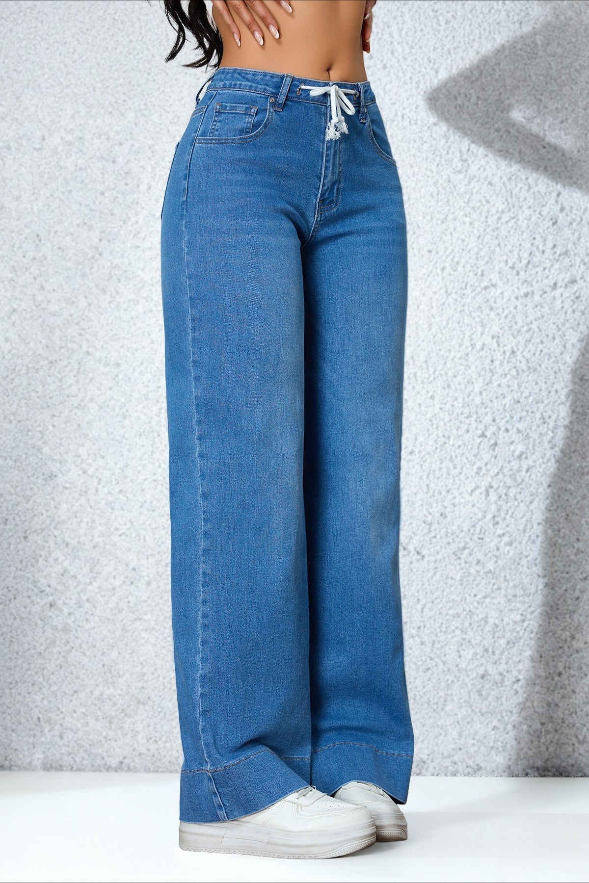 Drawstring Stretch Relaxed Straight Jeans