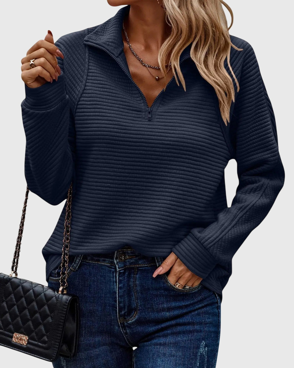 Quarter Zip Collar Long Sleeve Ribbed Textured Pullover Sweatshirt