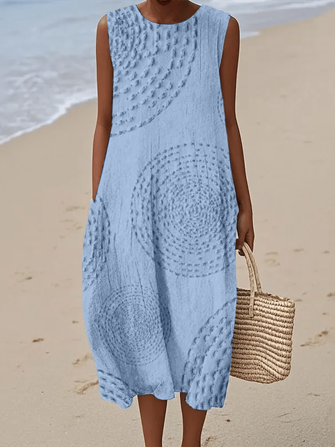 Round Neck Sleeveless Textured Circle Print Cocoon Midi Dress 3