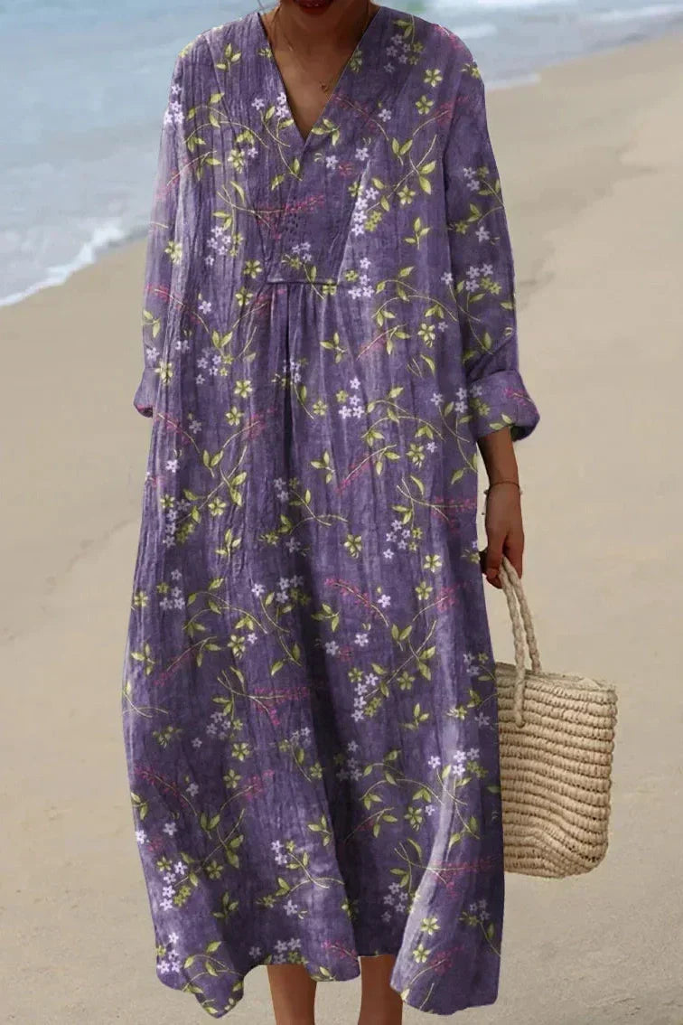 V-Neck Ditsy Floral Long Sleeve Flowy Loose Maxi Dress