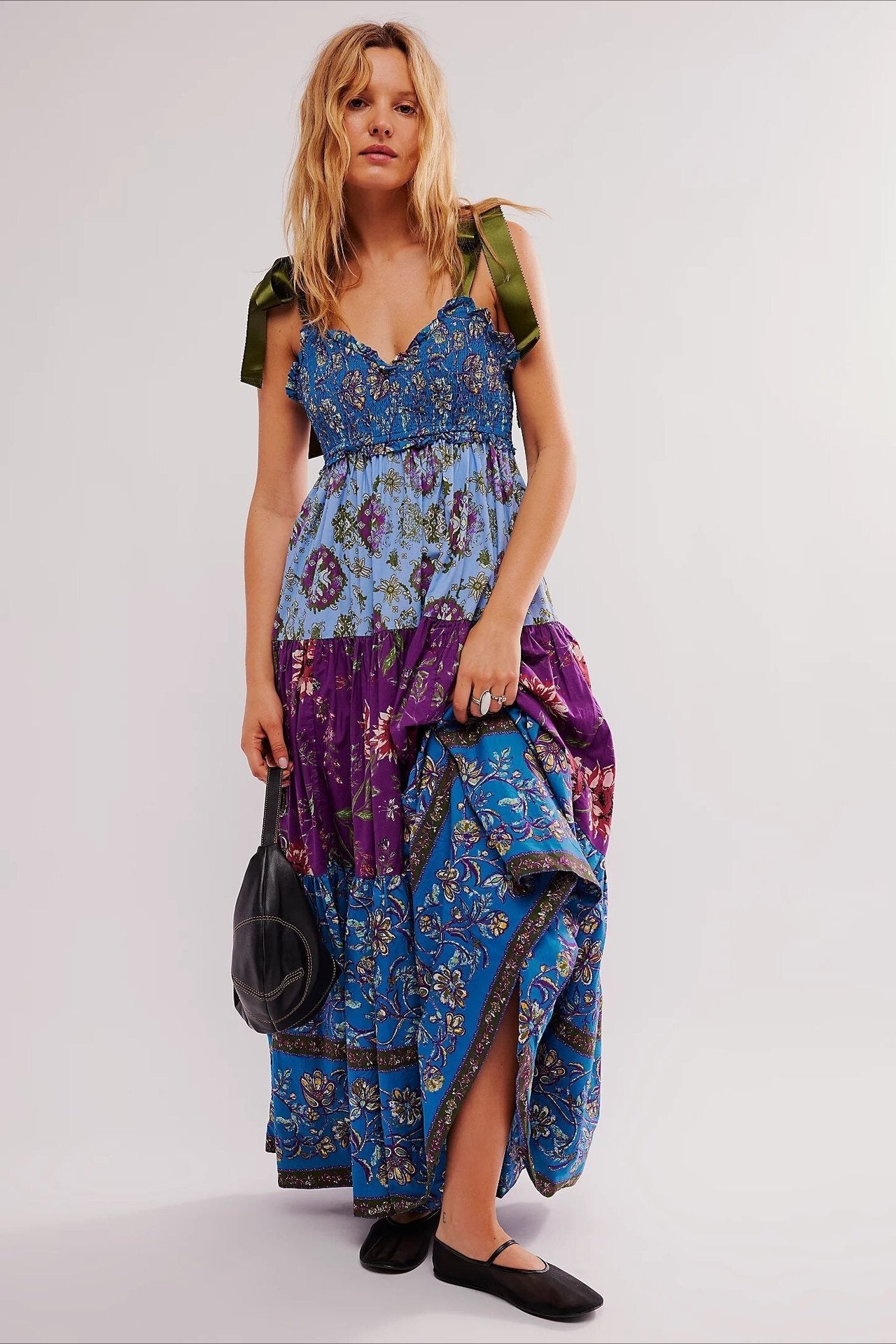Smocked V Neck Bow Shoulder Strap Mixed Floral Tiered Maxi Dress 7
