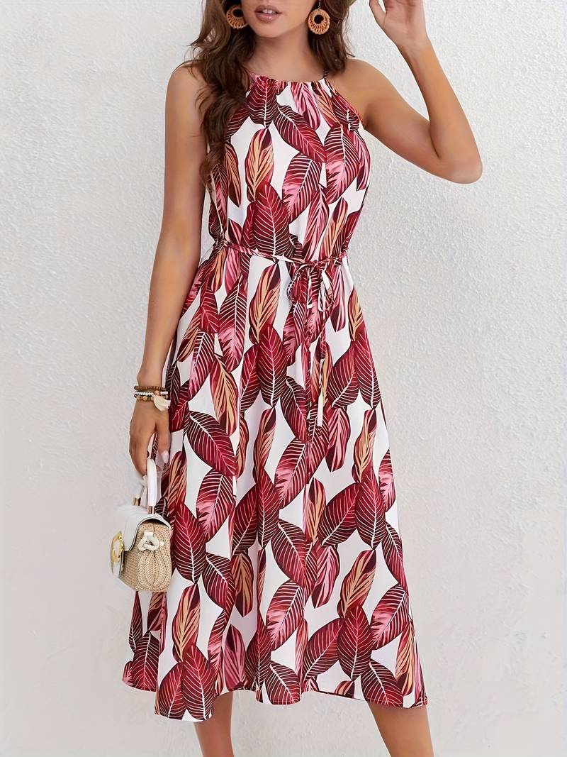 Jocelyn Boutique Halterneck Beach Dress with Leaf Pattern Premium Wardrobe Essential