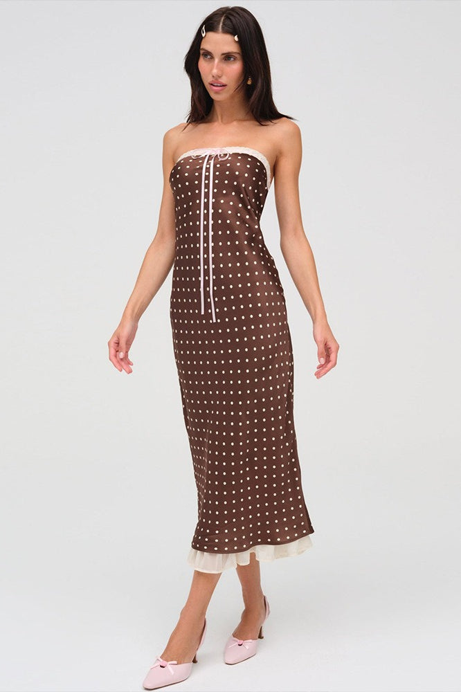 Brown Satin Polka Dot Strapless Backless Maxi Dress 3