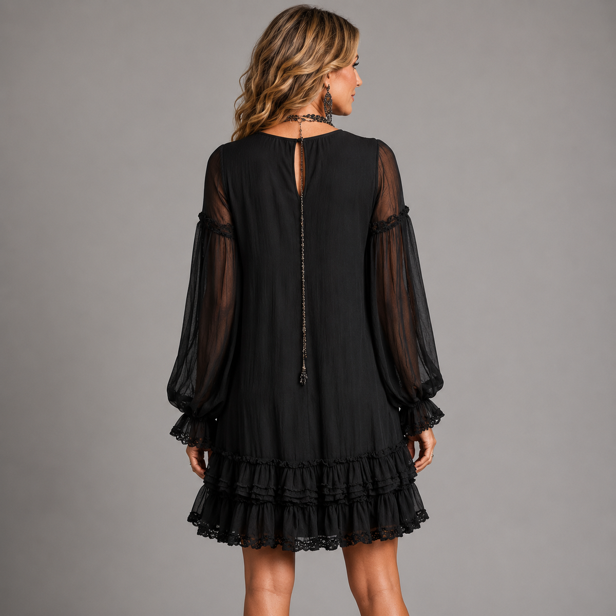 Ruffle V-Neck Sheer Bishop Sleeve Tiered Boho Mini Dress 4