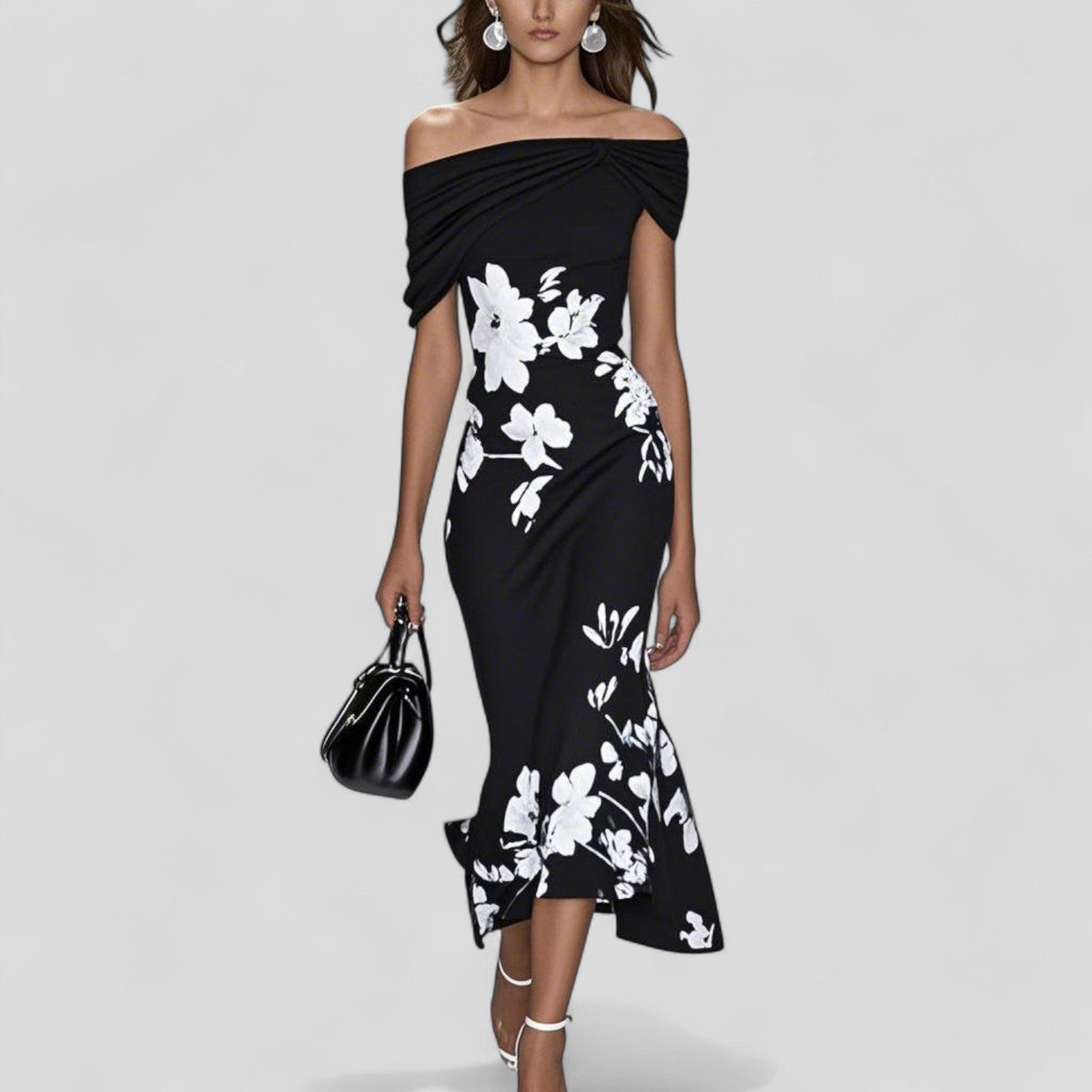 Off-Shoulder Ruched Floral Print Fishtail Hem Bodycon Midi Dress 3