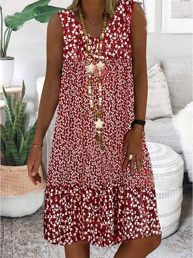 V-Neck Ditsy Floral Sleeveless Tiered Shift Midi Dress