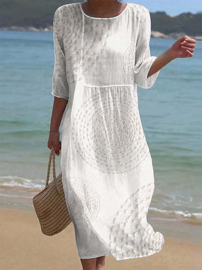 White Round Neck Textured Dotted Half Sleeve Shift Midi Dress