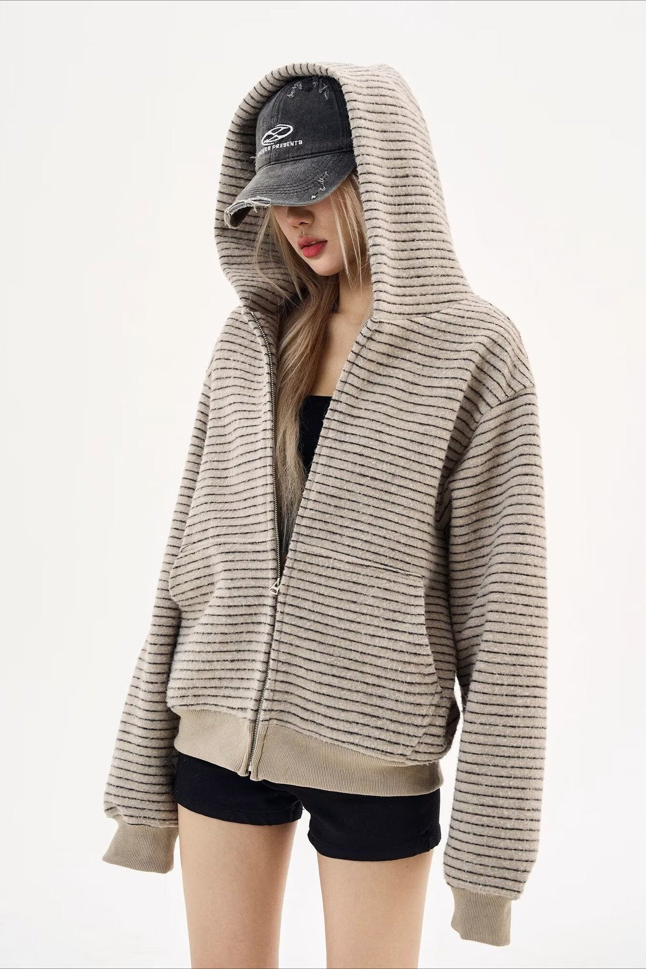 Black Knit Dual-Zip Mesh Fingerloop Hoodie