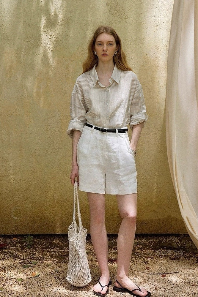White Linen High Waist Casual Pants