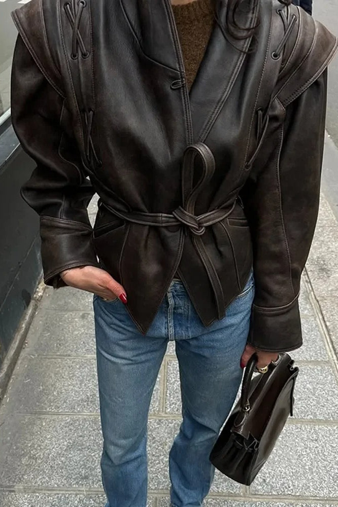 Vintage Vneck Belted Faux Leather Jacket