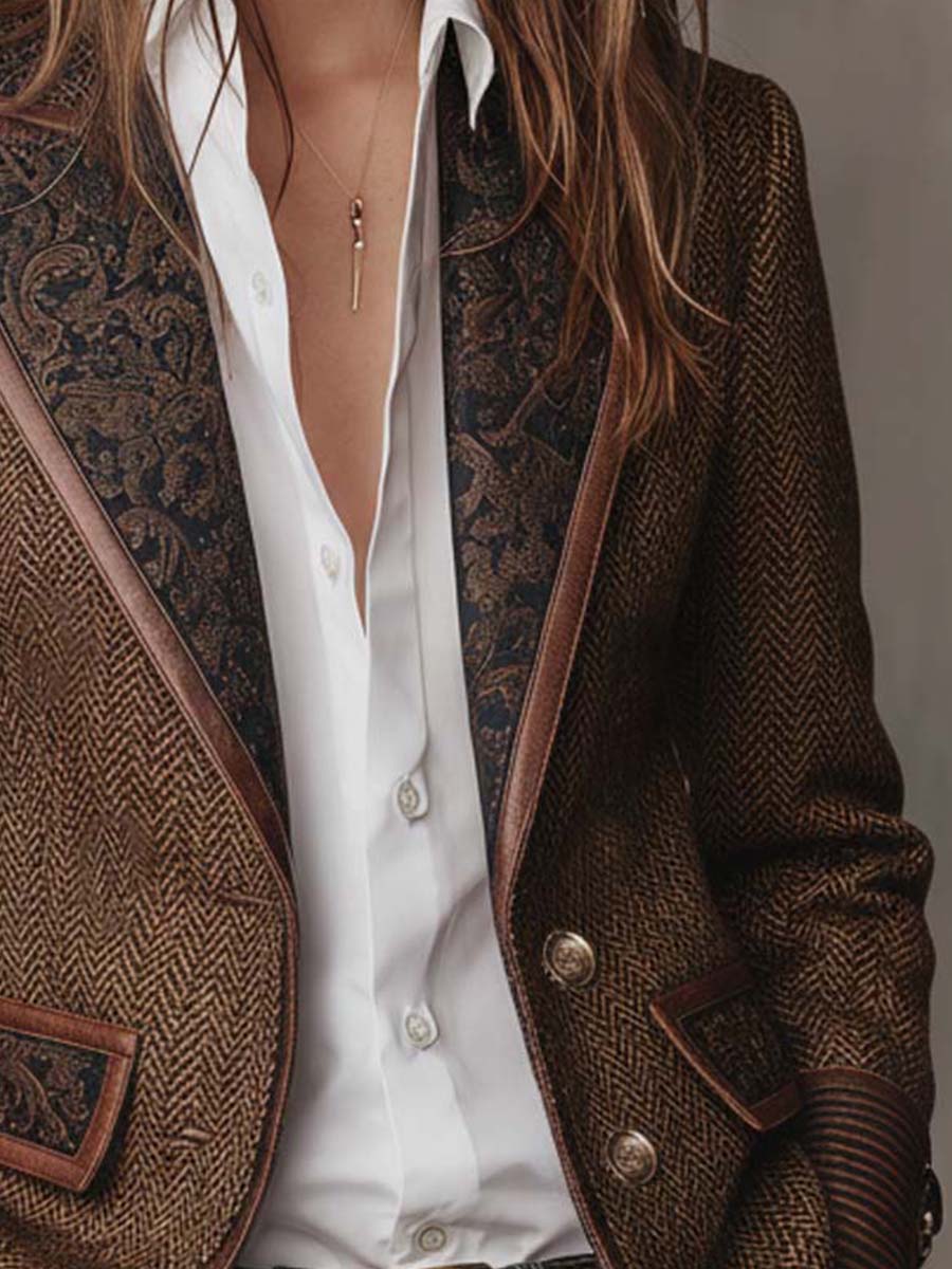 Brown Peak Lapel Herringbone Tweed Paisley Panel Leather Trim Blazer 7