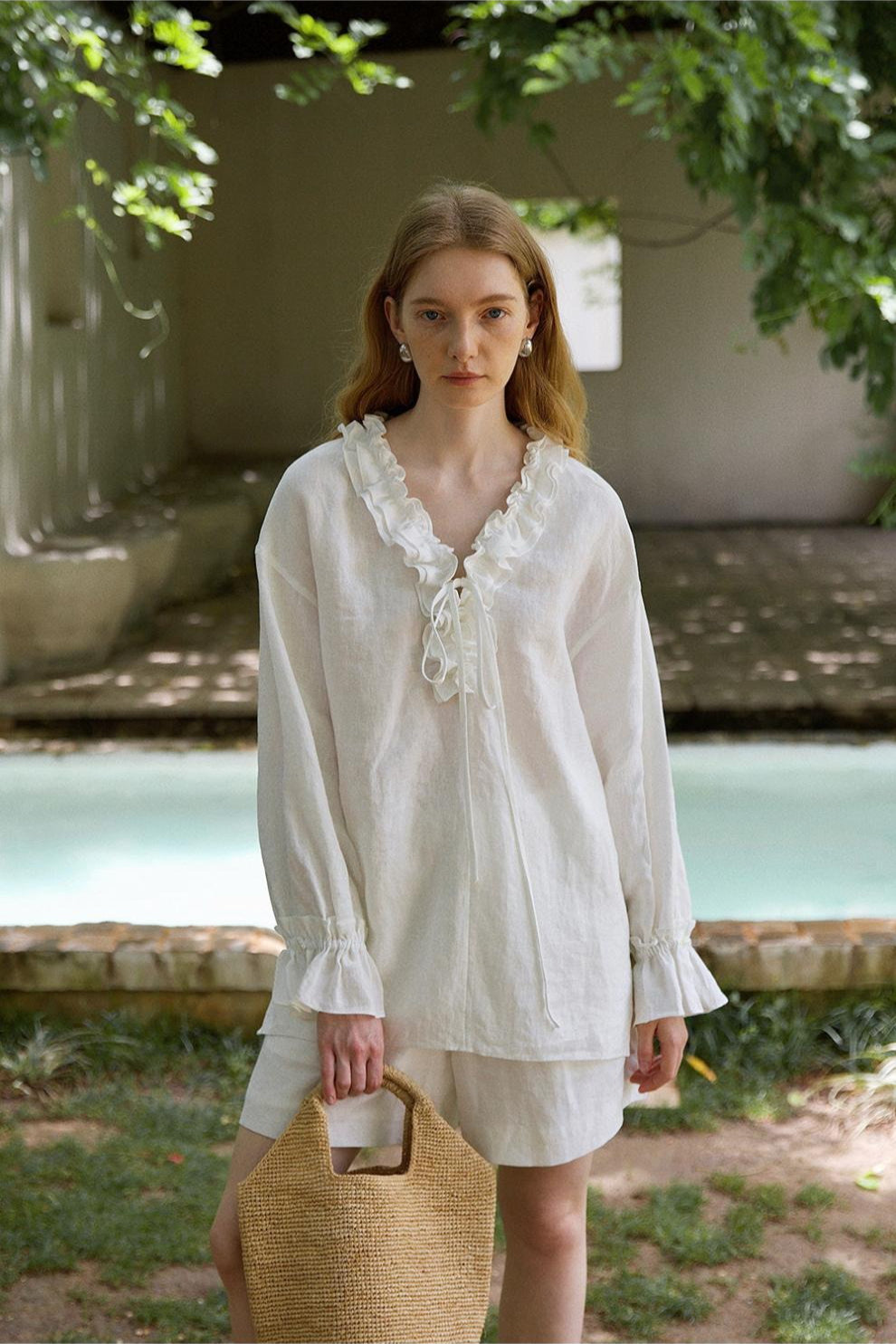 Linen Ruffle Tie Front Blouse