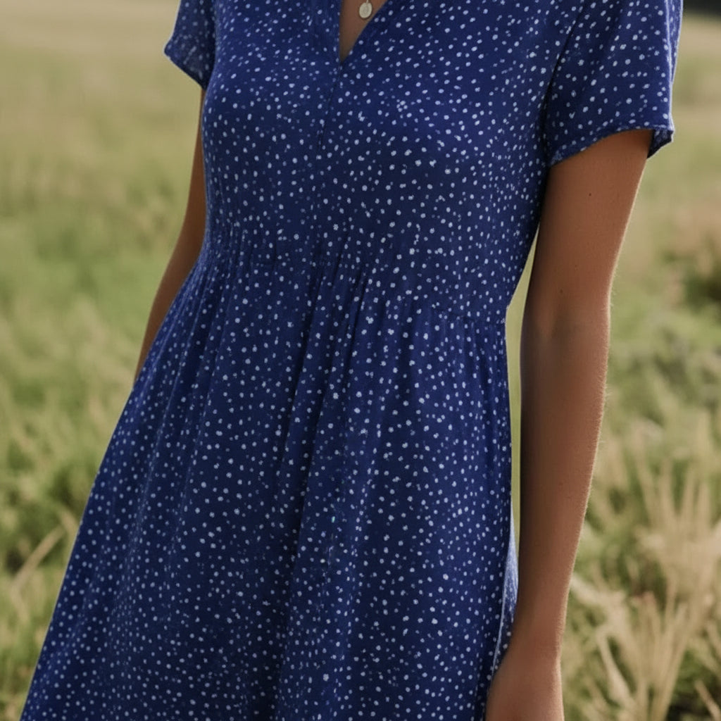 Dark Blue Split Neck Dotted Print Short Sleeve A-Line Midi Dress 5