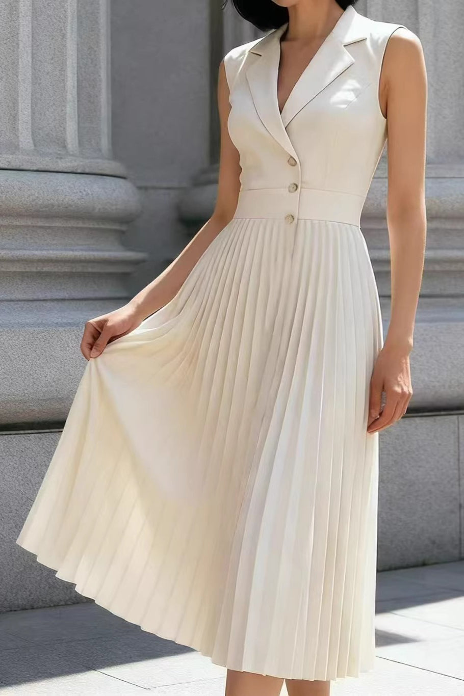 Ruched Ice Silk Lapel High Waist Work Dress