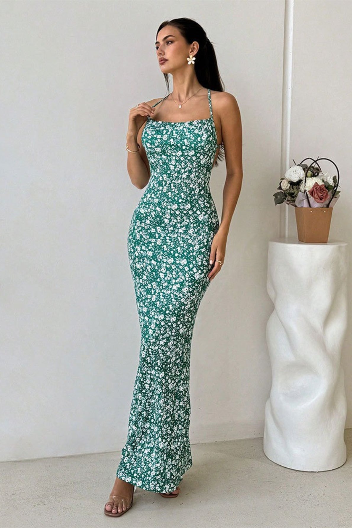 Backless Mermaid Strap Long Floral Dress