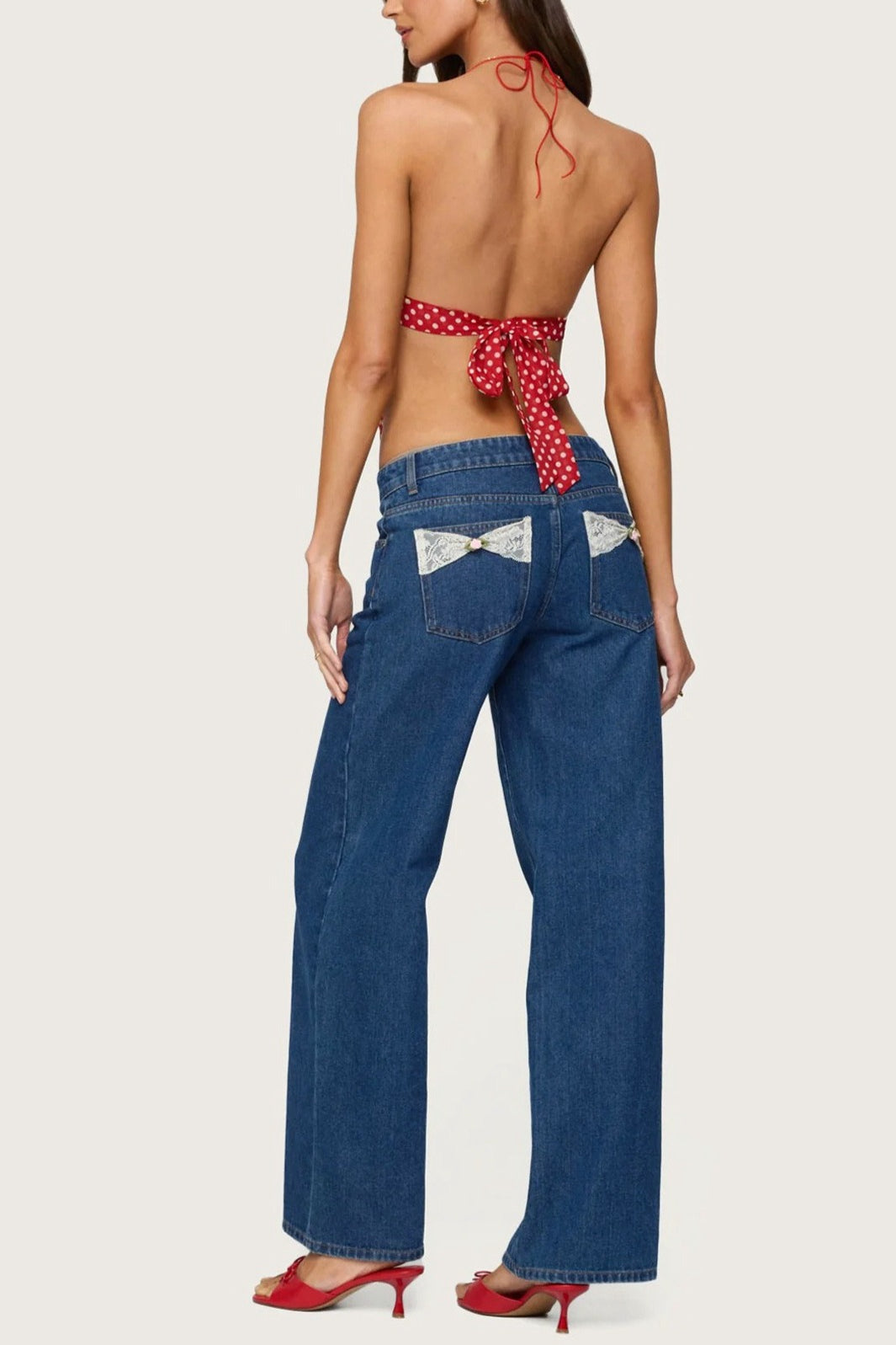 Polka Dot Backless Halter Slim Blouse