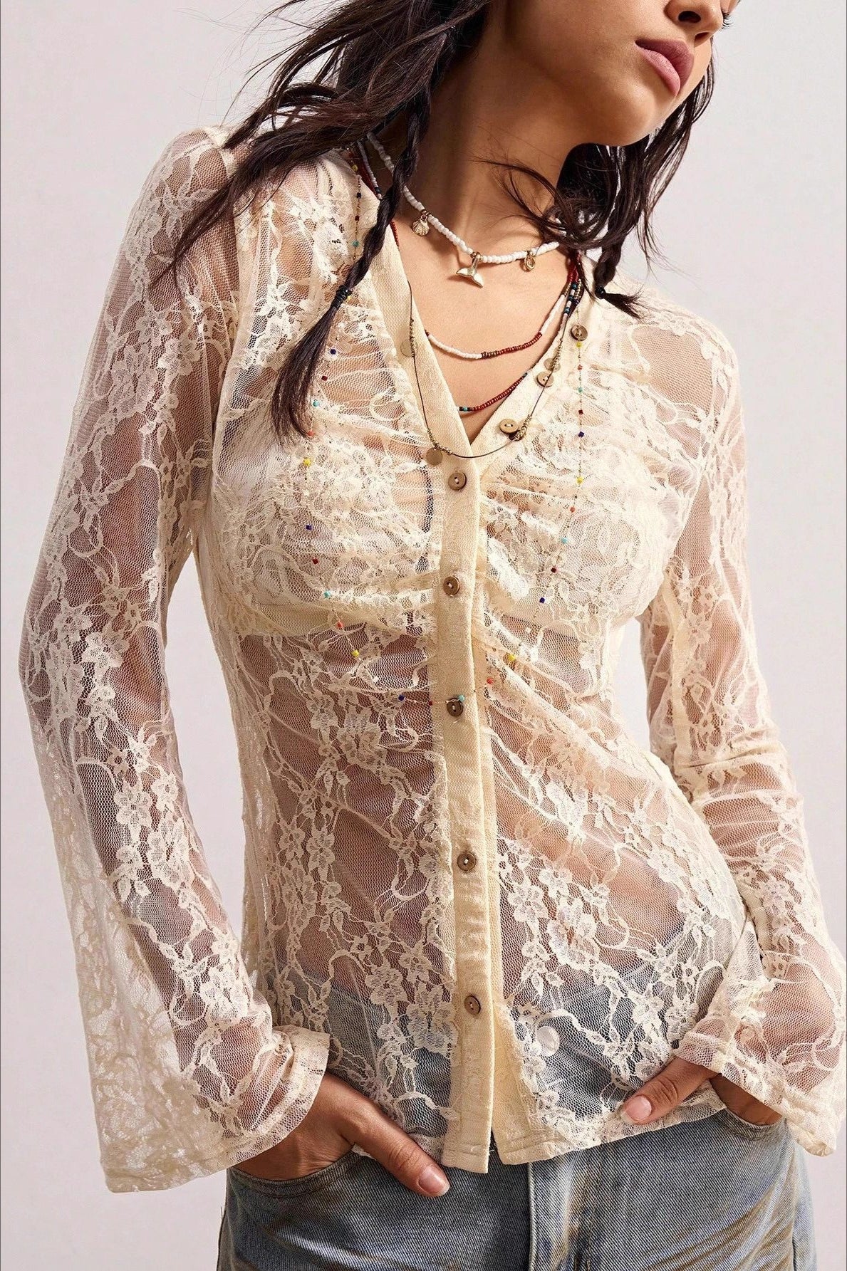 Lace Semi-Sheer Slim Blouse