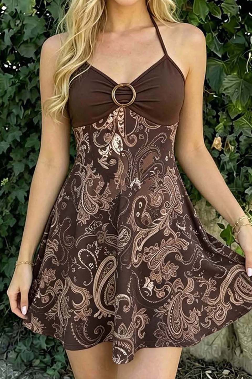 Vacation Vibes Graphic Pleated Flared Slip Dress