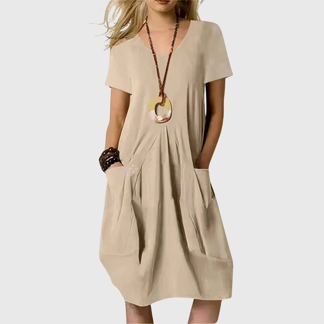 Round Neck Short Sleeve Pocket Cocoon Shift Midi Dress 4
