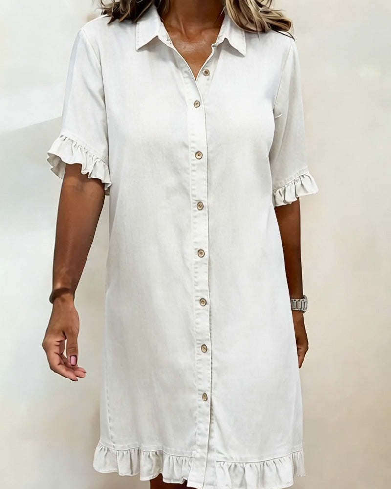Collared Ruffle Cuff Ruffle Hem Denim Shirt Dress 9
