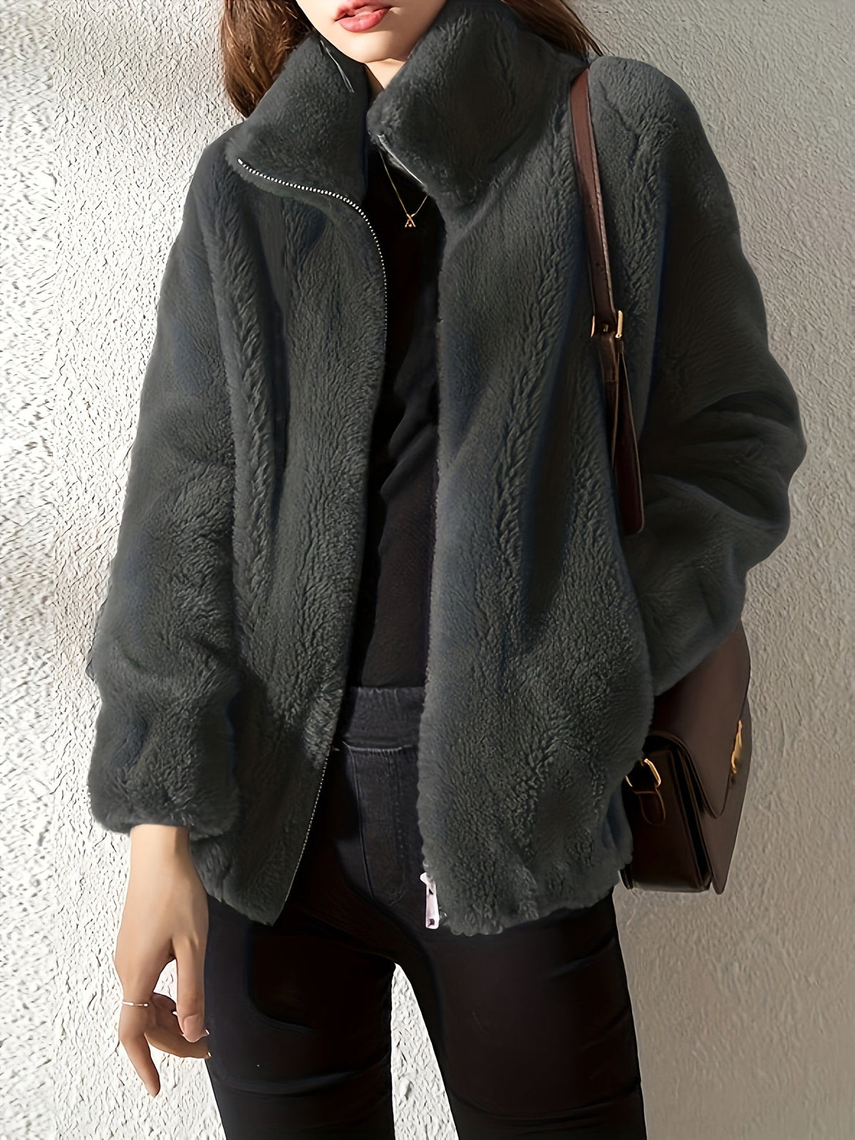 Stand Collar Zip Front Drawstring Fuzzy Fleece Jacket