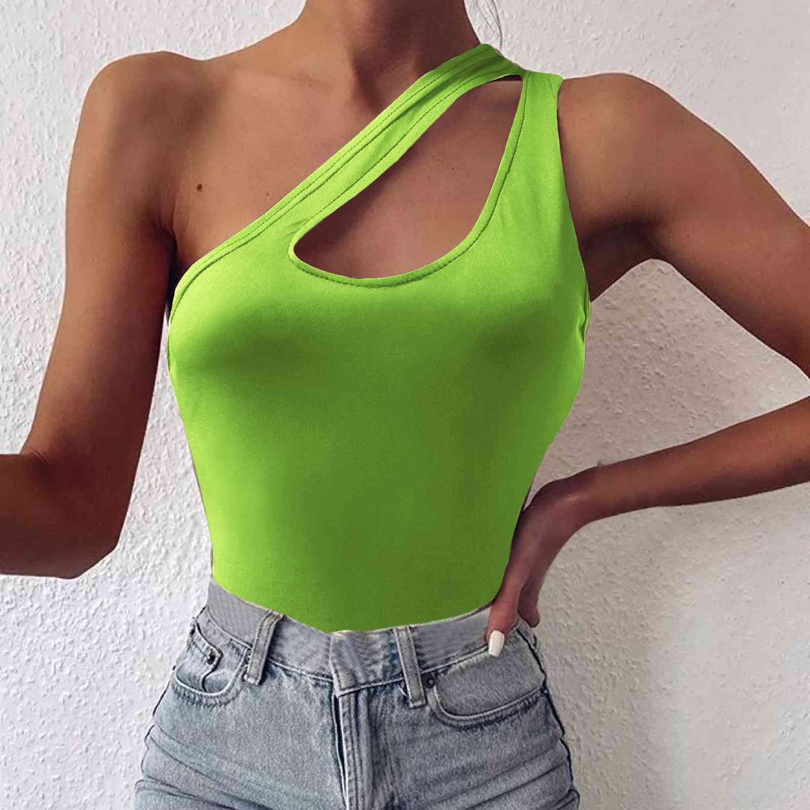 One Shoulder Cutout Cami Lime clothes one shoulder shirt Ship From Overseas shirt shirts tops Y.M