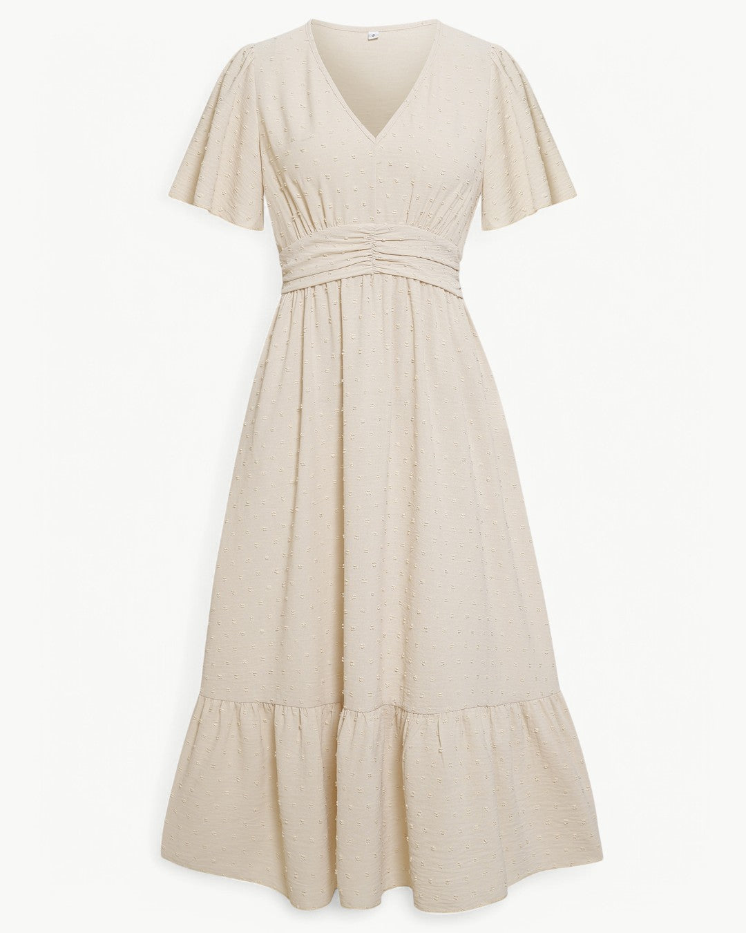 V-Neck Swiss Dot Flutter Sleeve Ruched Waist Tiered Midi Dress 7