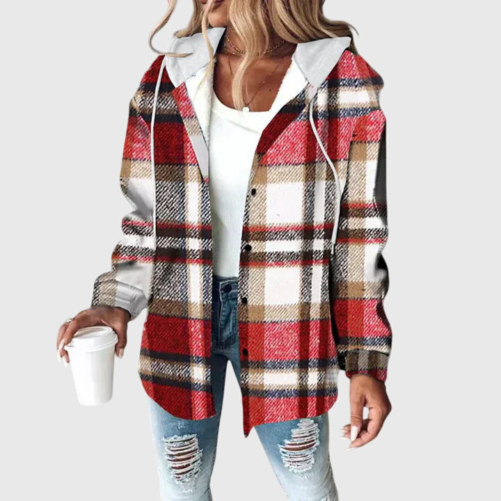 Hooded Plaid Flannel Drawstring Button Front Jacket