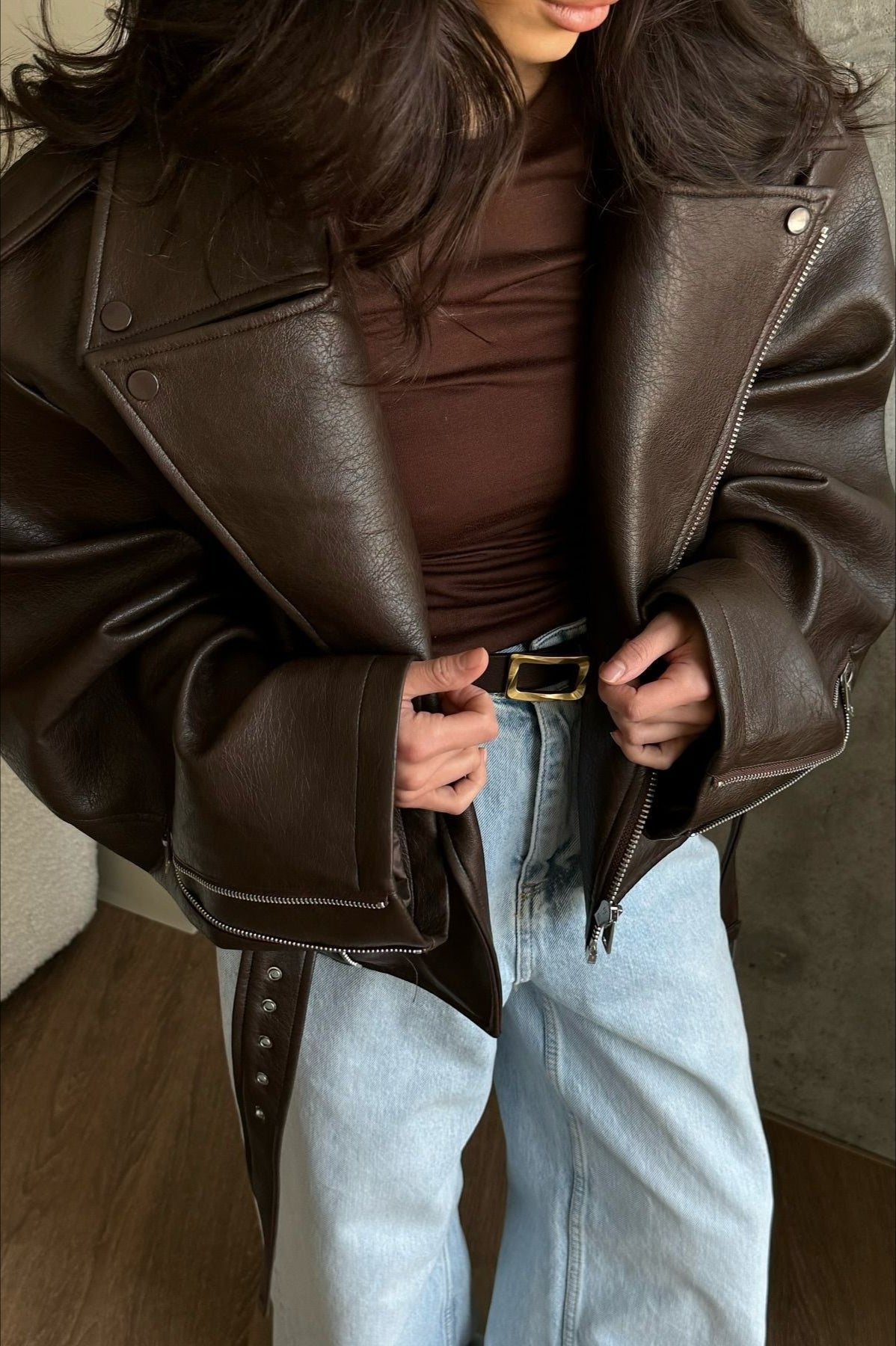 Elegant Retro Belted Biker Leather Jacket