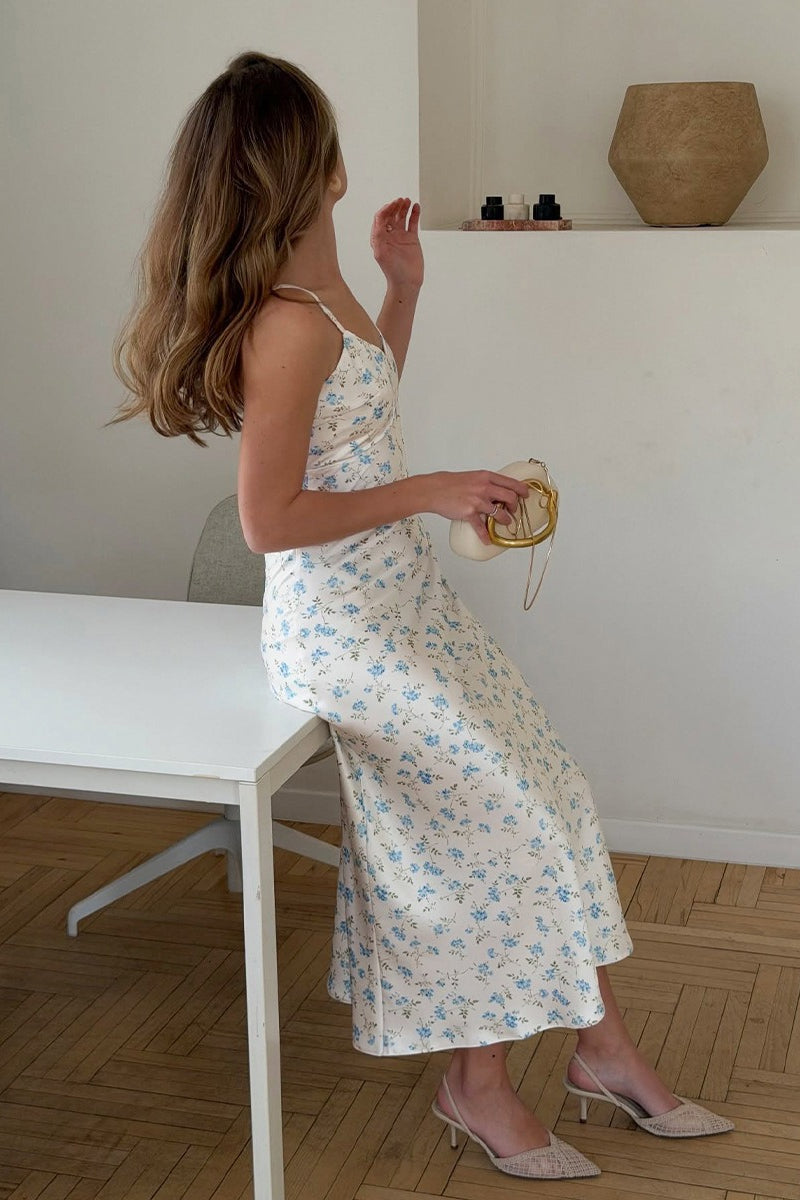 V Neck Satin Floral Print Long Slip Dress