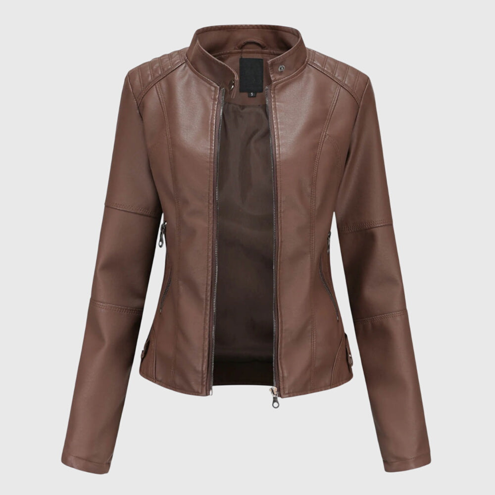 Stand Collar Faux Leather Zip-Front Fitted Moto Jacket 2