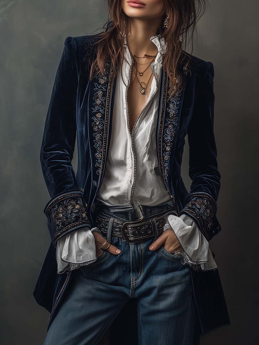 Stand Collar Embroidered Beaded Velvet Longline Blazer