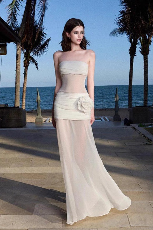 Strapless Ruched Sheer Mesh Floral Rosette Applique Maxi Dress 2