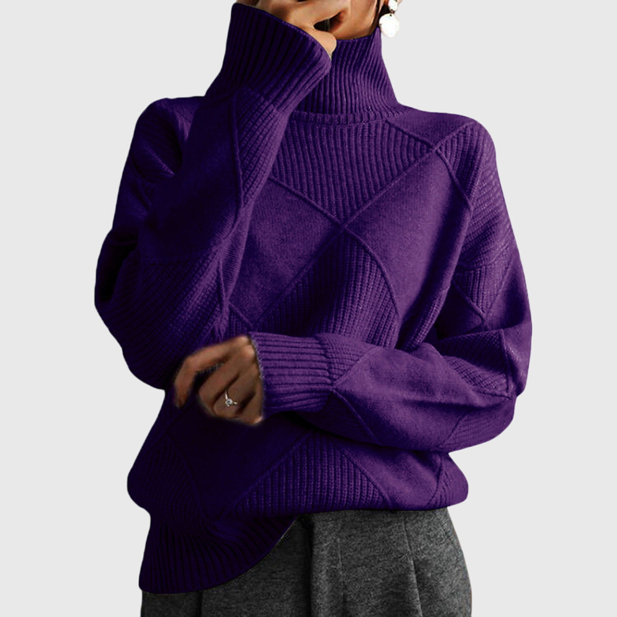 Turtleneck Diamond Textured Knit Long Sleeve Sweater