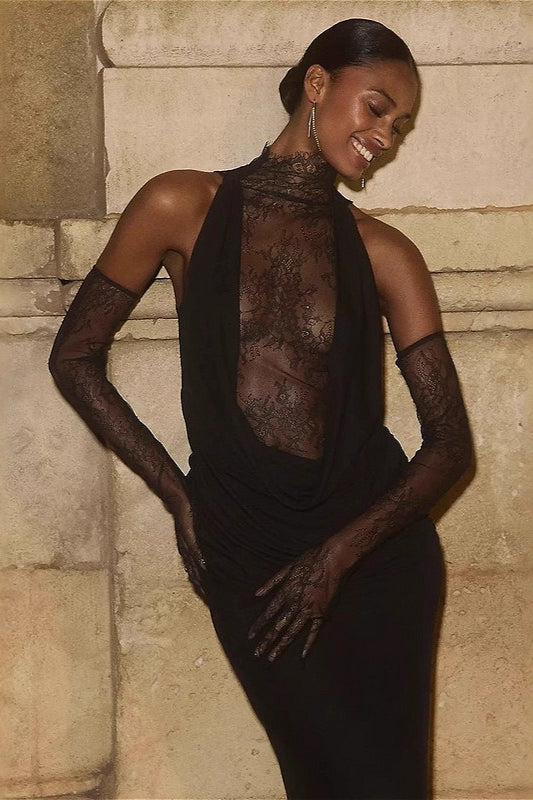 Deep V Lace Cut-Out Slim Long-Sleeve Party Dress