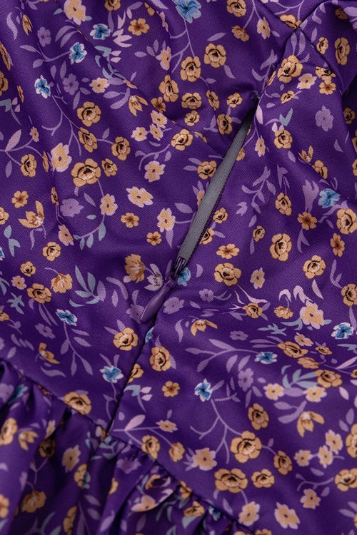 Purple Peter Pan Collar Short Sleeve Tie Waist Tiered Maxi Floral Print Dress 6